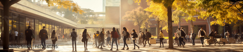 Sunny day, a group of students rush to their college classes. Generative Ai © PETR BABKIN