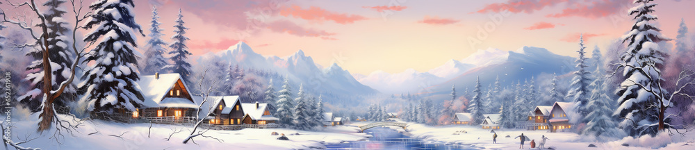 Christmas card panorama with a view of the village in the winter forest. Generative Ai