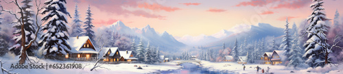Christmas card panorama with a view of the village in the winter forest. Generative Ai © PETR BABKIN