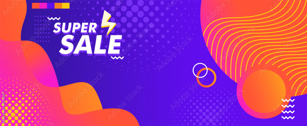 blue pink gradient illustration super sale banner template. with fluid shapes with narrowed doodle dots. suitable for sales posters on social media.