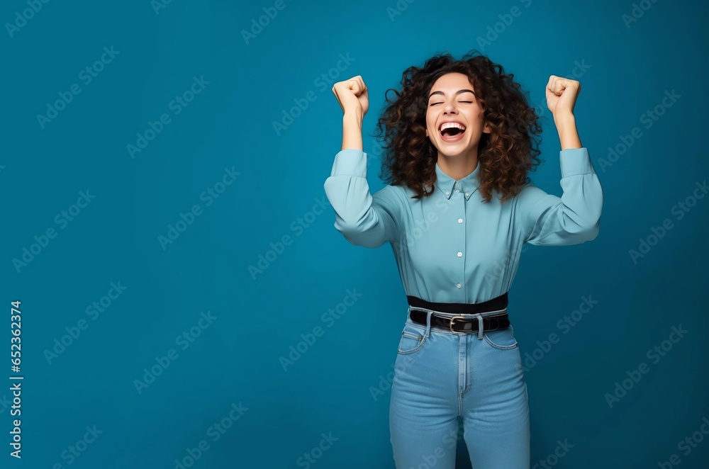Fototapeta premium A happy girl with clenched fists, screaming with joy of winning on a blue background, a banner with a copy space.