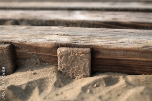 A detailed view of a wooden plank covered in sand. Generative AI