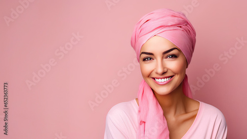 Studio portrait, cancer patient with pink headscarf and pink background.