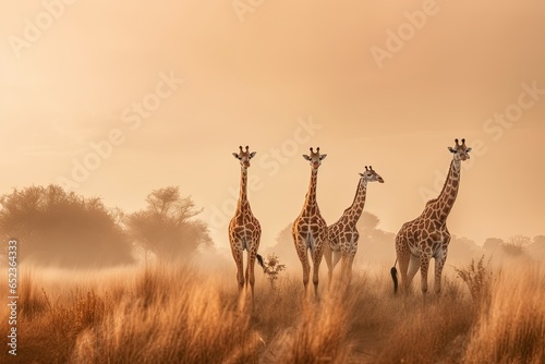 group of giraffes in the grass field in the morning