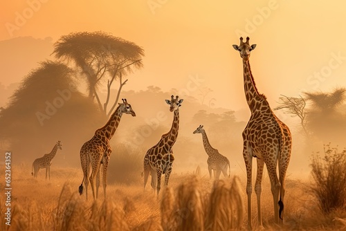 group of giraffes in the grass field in the morning © jambulart