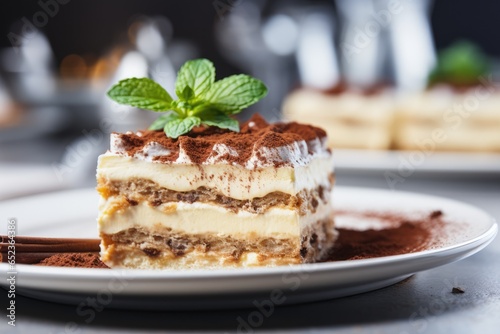 A delicious slice of cake on a pristine white plate