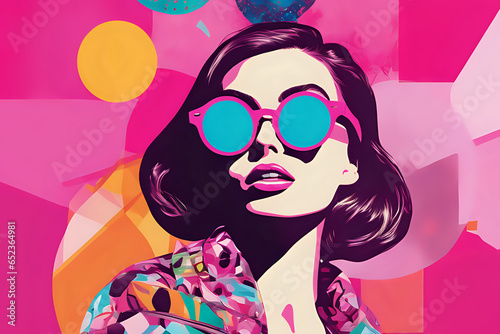 Pop collage Illustration of a beautiful female fashion model with sunglasses over scolorful and vibrant patterns and shapes. Fashion pop art pink vibes