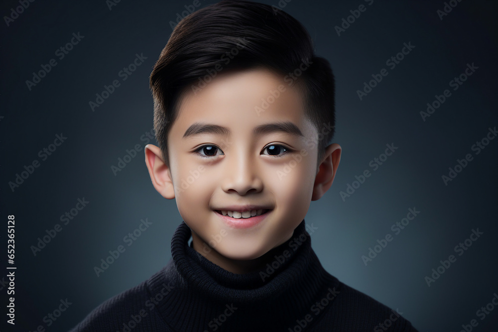 Portrait made with generative AI of a cheerful cute little boy isolated on a dark grey background Portrait made with generative AI of a cheerful cute little boy isolated on a dark grey background