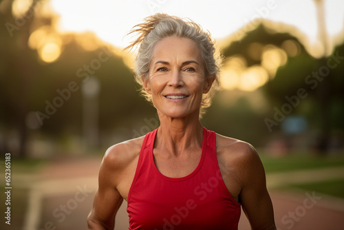 Portrait of middle aged active sporty person running jogging workout sunny morning in the park generative AI concept