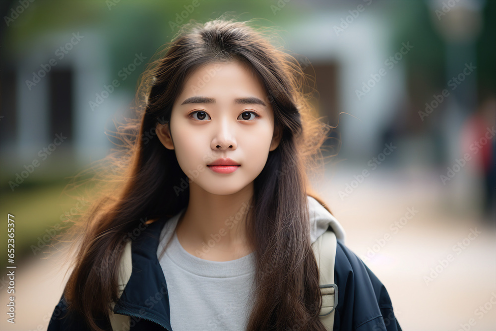 Generative AI photography of young asian charming girl walking city streets looking camera Generative AI photography of young asian charming girl walking city streets looking camera