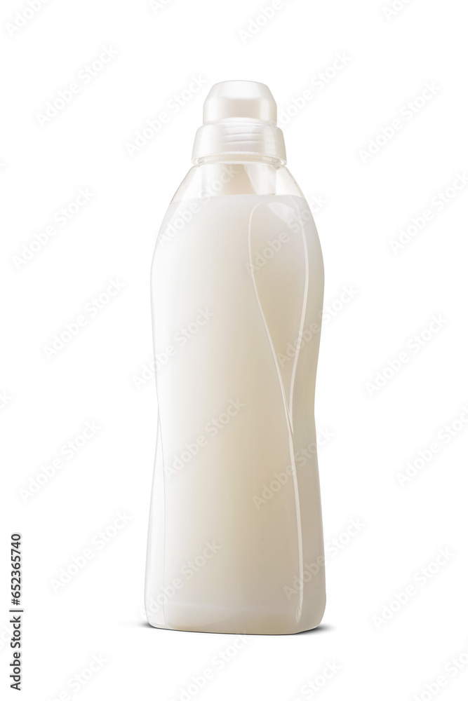 Laundry liquid detergent, bleach or fabric softener plastic bottle with white cap isolated. Transparent PNG image. Laundry liquid detergent, bleach or fabric softener plastic bottle with white cap isolated. Transparent PNG image.