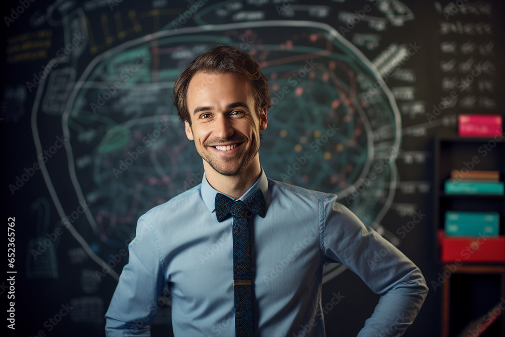 Photo of professional school teacher standing in class room in front of chalkboard with mathematical formulas generative AI