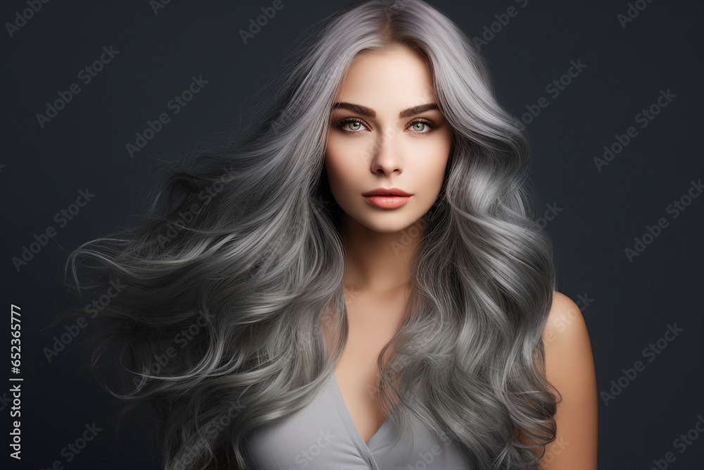 Generative AI picture of beautiful woman fashion model with long dyed gray color hair Generative AI picture of beautiful woman fashion model with long dyed gray color hair