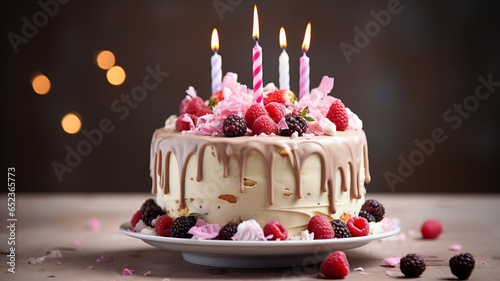 Celebration birthday cake with colorful sprinkles and twenty one colorful birthday candles. Generative AI
