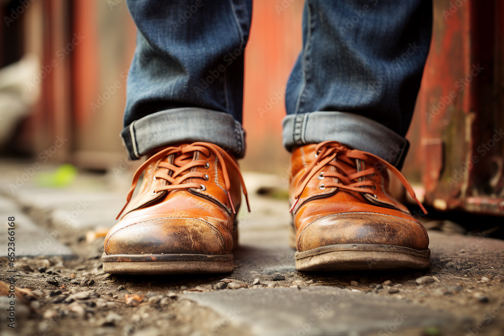 Generative AI picture of a person legs in casual 90s retro style footwear standing on a road Generative AI picture of a person legs in casual 90s retro style footwear standing on a road