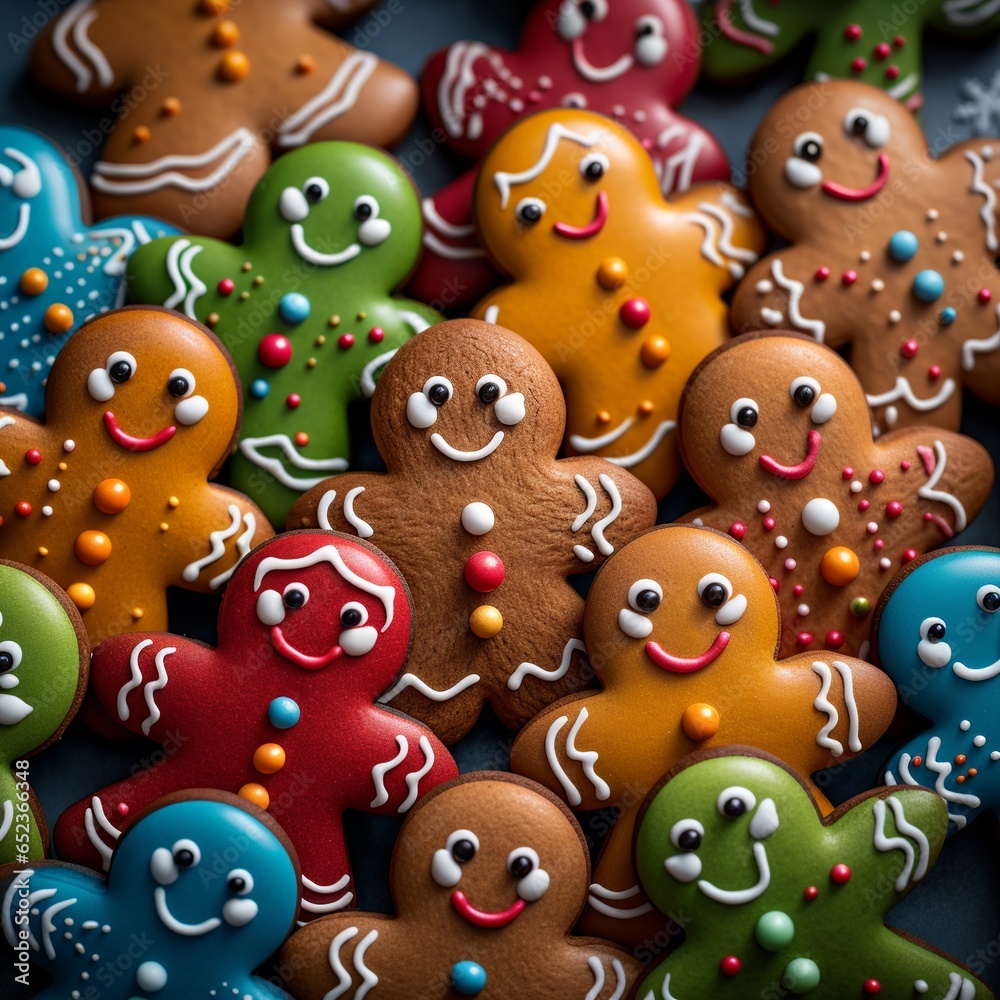 Closeup of many gingerbread men cookies, top view, Christmas (Generative Ai)