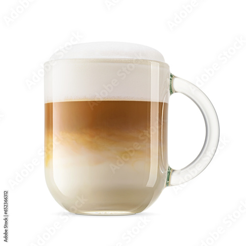 Coffee cappuccino with whipped milk cap in transparent glass mug isolated. Transparent PNG image.