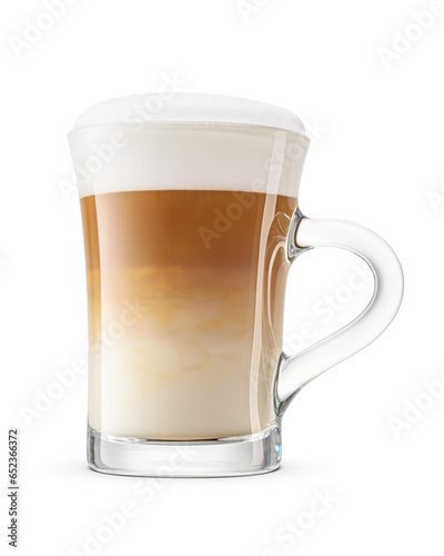 Transparent glass cup with cappuccino coffee and milk foam isolated. Transparent PNG image.