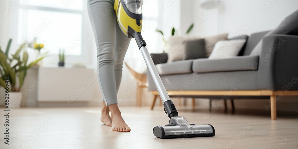 Female Cleaning with Cordless Vacuum Cleaner. Generative ai