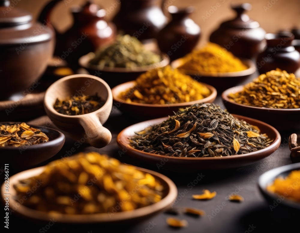 Closeup brown and yelow dried herbal tea leaves on wooden plates with on Сhinese clay saucers and plates and potteryfor healthcare and medical purposes