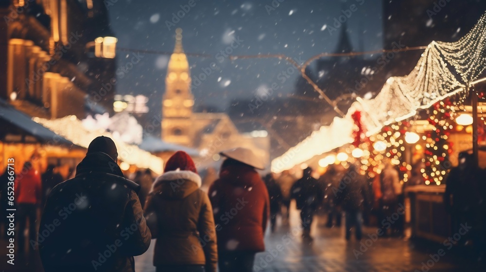 Christmas Market Illuminated in Big City Blur. Generative ai