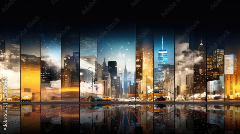 Big dynamic night cityscape  with street life as a combined striped banner with skyscrapers and digital billboards