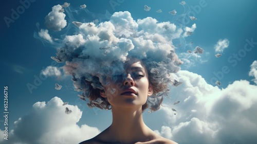 Artisitic image of woman's head with closed eyes and clouds instead of hair in the sky experiencing spiritual uprise or avoiding stressful situations deep in meditation state