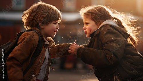 School yard fighting scene of a boy and a girl from elementary school