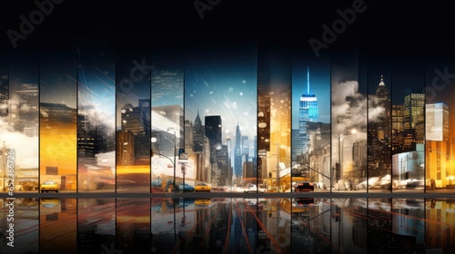 Big dynamic night cityscape with street life as a combined striped banner with skyscrapers and digital billboards