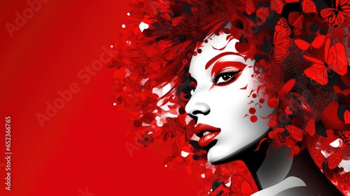Bright red pop art March 8 Women's day girl or young woman with white face makeup and butterflies instead her hair on red background with copy space
