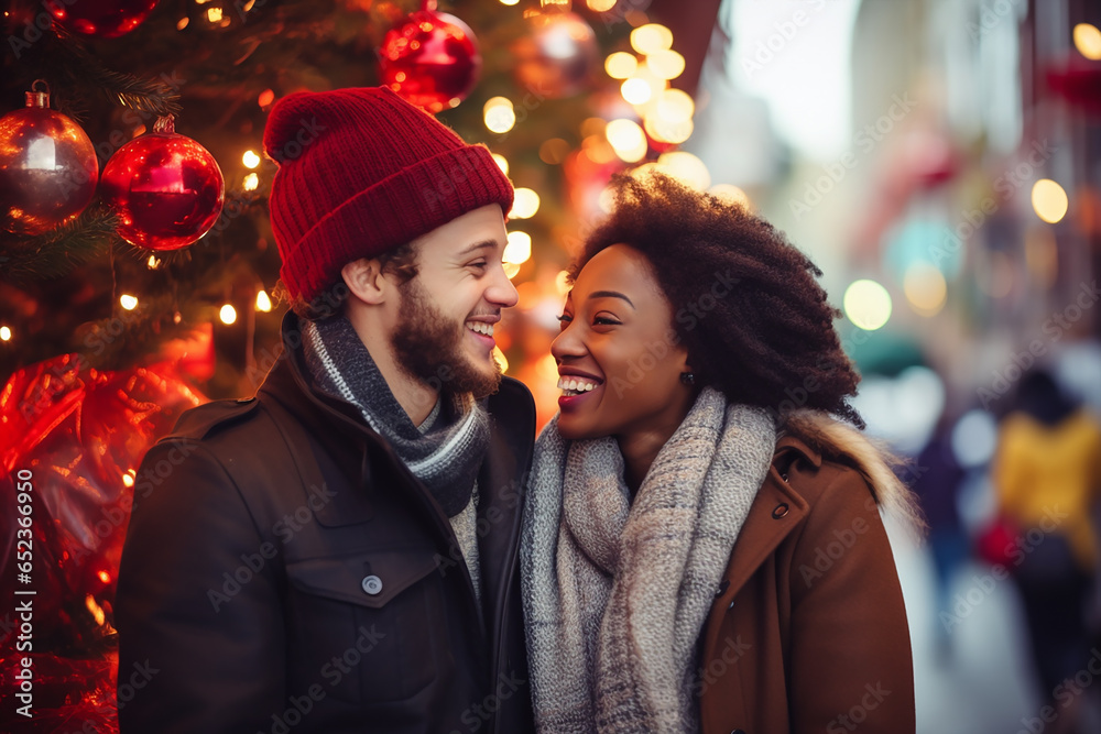 portrait of  a mixed race couple smiling and having fun in winter and christmas atmosphere background