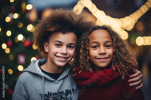 two young mixed race friends kids smiling and looking at the camera, in a festive christmas winter atmosphere