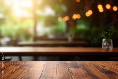 Modern cafe aesthetic. Empty wooden table in soft bokeh light. Vintage counter in eatery. Abstract montage of rustic dark tabletop