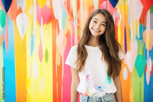 Teenage girl posing in front of colourful backdrop.