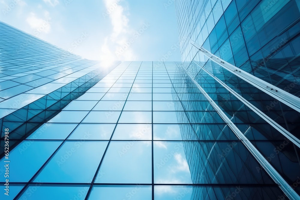 View of a contemporary glass skyscraper reflecting the blue sky View of a contemporary glass skyscraper reflecting the blue sky