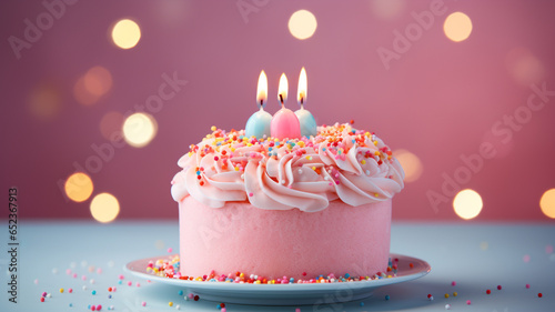 Celebration birthday cake with colorful sprinkles and twenty one colorful birthday candles. Generative AI