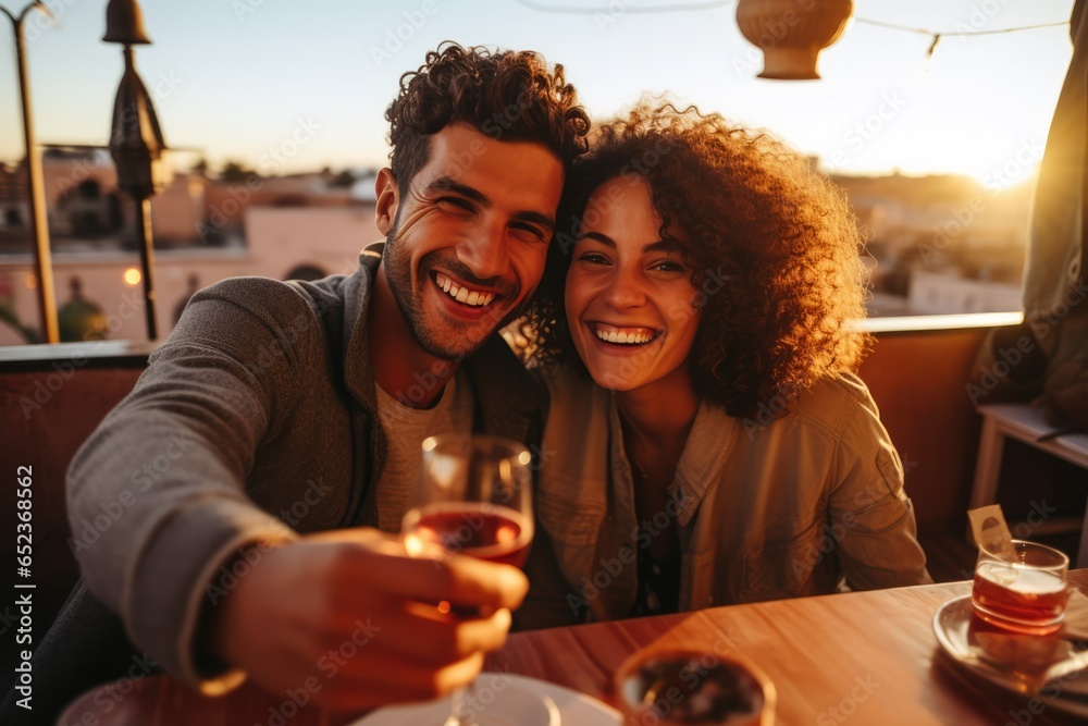Wide shot of smiling couple taking selfie while dining with friends at rooftop restaurant in the Medina of Marrakech while on vacation Wide shot of smiling couple taking selfie while dining with friends at rooftop restaurant in the Medina of Marrakech while on vacation