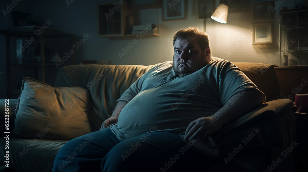 an overweight man sitting on the sofa