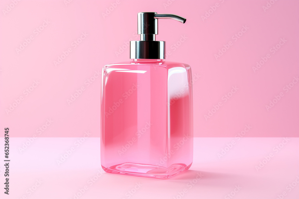 Soap dispenser on a pink background.