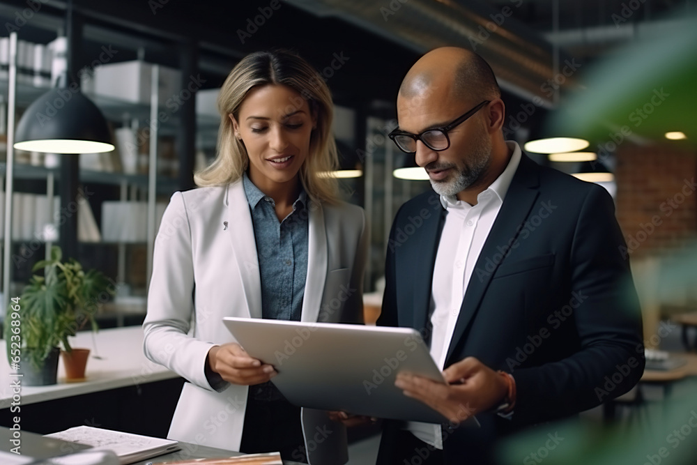 Two busy diverse coworkers discussing project walking in office with laptop and documents Two busy diverse coworkers discussing project walking in office with laptop and documents