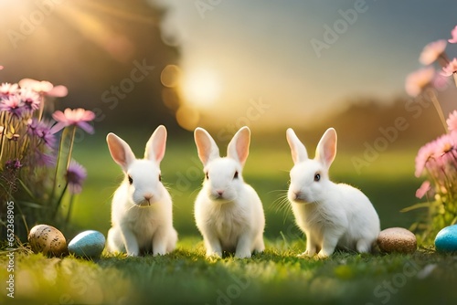 Little rabbit on green grass in summer day, Sedate easter florida white rabbit portrait full body sitting in green field © saqib
