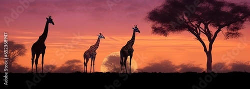Panorama silhouette Giraffe family and tree in africa with sunset