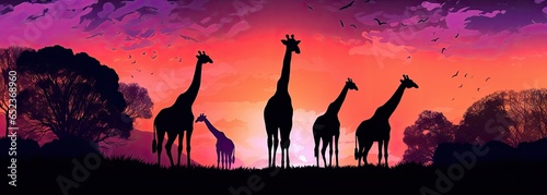 Panorama silhouette Giraffe family and tree in africa with sunset © jambulart