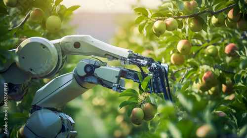 Robotic automatic arm harvesting apples in agricultural farm orchard