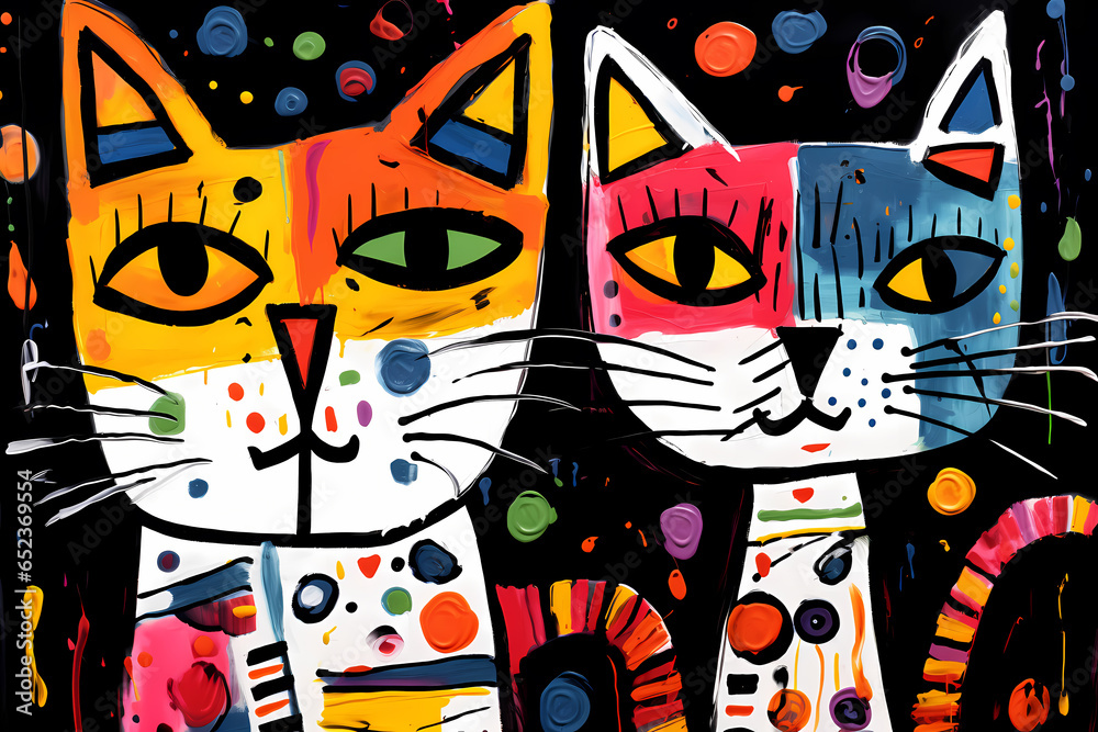 2 cute colorful cats in a naive abstract oil painting. Two cheerful pets in a simple drawing made by a child