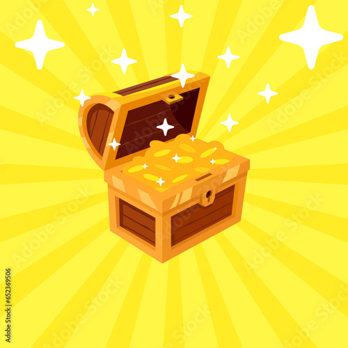 Open mystery wooden chest has a golden coin. Treasure on Yellow background. Precious treasure concept. Vector illustration isometric cartoon flat design.	