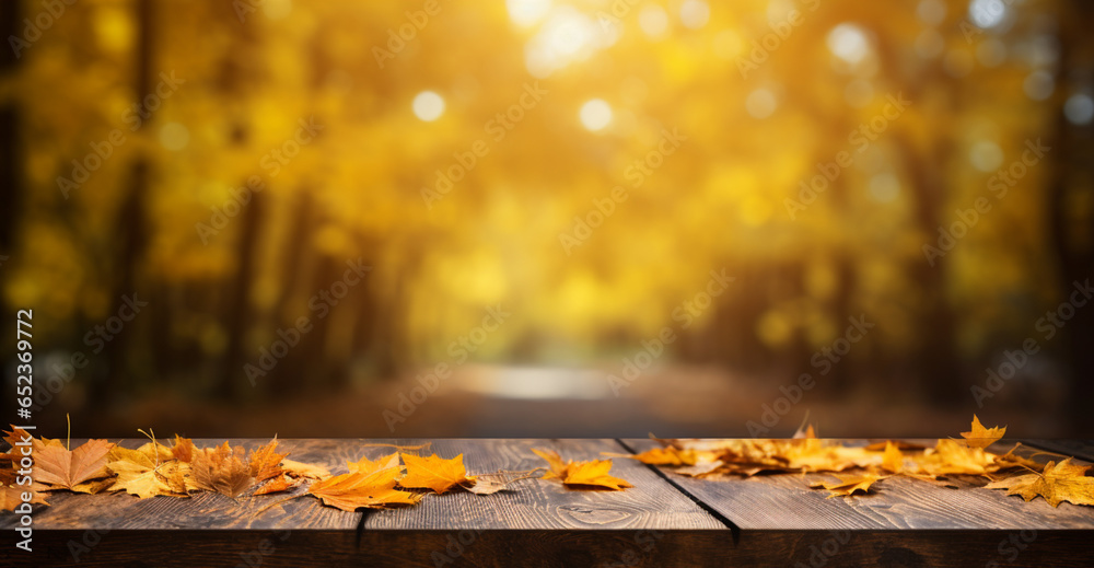 Three faded colorful autumn or fall leaves lying on a rustic wooden garden table against a blurred backdrop of golden orange autumn foliage on the trees providing copyspace for your text