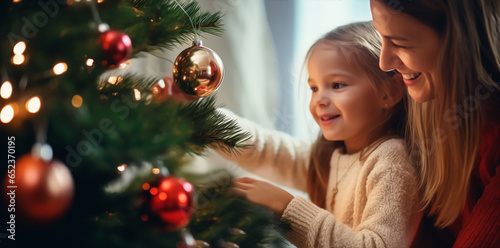 mother and child decorating christmas tree at home, festive atmosphere concept theme © aledesun