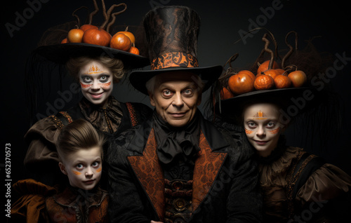 happy family mother father and children in costumes and makeup on a celebration of Halloween
