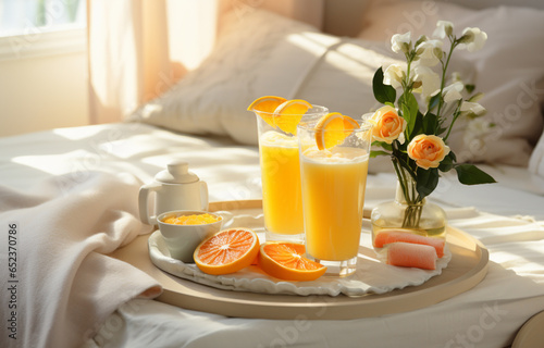 romantic breakfast in bed and flower rose